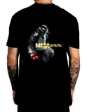 T-shirt MMA Michael Jackson noir, dos : Michael Jackson en pose de danse, gant de boxe rouge au pied, dans un nuage de fumée