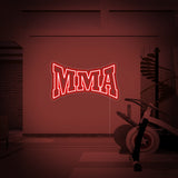 Néon MMA LED rouge, lettrage en bloc, sur mur de salle de sport