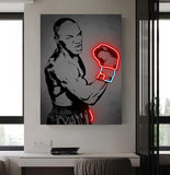 Tableau Mike Tyson de profil en noir et blanc, un gant en neon rouge a poignet turquoise