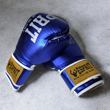 Gants de boxe Esprit Boxe 2.0 bleu métallisé, étiquette tissée cousue sur le velcro