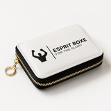 Porte-cartes boxe zippé blanc, marque Esprit Boxe en noir, tranche noire et zip doré à anneau