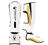 Protège-tibia Esprit Boxe blanc et or, coque de tibia et cou-de-pied, vues avant et profil