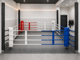 Ring de boxe coulissant en position d'entraînement, cordes le long des profilés muraux