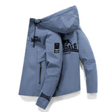 Coupe-vent Lonsdale bleu gris à capuche, logos noirs