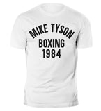 T-shirt Mike Tyson Boxing 1984 blanc, marquage noir en capitales condensées