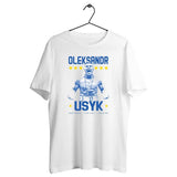 Motif Portrait bleu : Usyk en monochrome bleu entre OLEKSANDR et USYK, étoiles jaunes et mention southpaw the cat Ukraine
