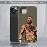 Coque iPhone Conor McGregor, illustration en couleurs sur fond kaki, tatouages du gorille et du tigre visibles