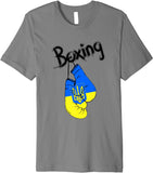 T-shirt boxe gris, gants suspendus au drapeau ukrainien avec trident et lettrage Boxing