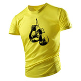 T-shirt gants de boxe jaune, dessin de gants suspendus en noir