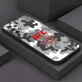 Coque UFC Samsung Galaxy, camouflage gris blanc et noir, sigle UFC rouge et emblème octogonal rouge