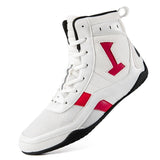 Chaussure de boxe blanc et rouge, chiffre 1 rouge sur le quartier