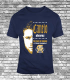 T-shirt Canelo Alvarez bleu marine, demi-visage sérigraphié doré et mention The Face of Boxing
