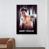Tableau Manny Pacquiao poing tendu, fond violet strie de traits lumineux, affiche dans un salon