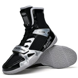 Chaussures de boxe noir et argent, semelle grise non marquante