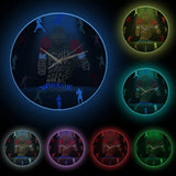 Horloge murale boxe à cadran noir, silhouette de boxeur en typographie, rétroéclairage LED