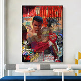 Tableau Mohamed Ali sur fond de slogans peints, gants rouges leves, affiche dans un salon