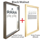 Cadre aluminium pour toile, huit finitions brossees et aspect bois, detail de l'angle