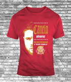 T-shirt Canelo Alvarez rouge, demi-visage sérigraphié doré et mention The Face of Boxing