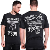 T-shirt de boxe noir Mike Tyson Ferocious, recto IRON MIKE avec photo et verso citation complète
