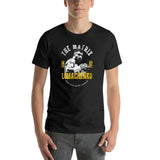 Détail du blason THE MATRIX sur t-shirt Lomachenko noir, texture délavée et chiffres 19 et 87 en jaune