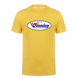 T-shirt Winning jaune : logo ovale Winning Fighting Sports World bleu et rouge sur fond blanc