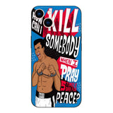 Coque Samsung Galaxy S Mohamed Ali, illustration pop art sur fond bleu, poings menottés, short marqué The GREATEST et citation sur la prière et la paix