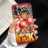 Coque iPhone au style Rocky Balboa, illustration cartoon, gants rouges au premier plan, réplique ADRIAN I DID IT et lettrage ROCKY