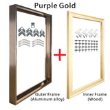 Cadre aluminium pour toile, huit finitions brossees et aspect bois, vue de la tranche