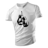 T-shirt gants de boxe blanc, dessin de gants suspendus en noir