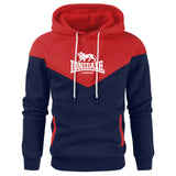 Sweat à capuche Lonsdale bicolore bleu marine et rouge, logo au lion sur la poitrine
