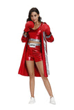 Ensemble de boxeuse satin rouge, garde en avant avec gants rouges