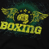 Gros plan de l'impression craquelée : poing ailé jaune, rayons verts et lettrage BOXING