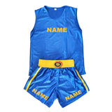 Tenue de boxe anglaise bleue en satin, débardeur et short à ceinture jaune avec emplacements de prénom