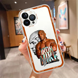 Coque iPhone Mike Tyson, visage jeune en noir et blanc juxtaposé au visage tatoué, lettrage chromé IRON MIKE et signature