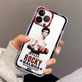 Coque iPhone Rocky Balboa, portrait en garde gants rouges, cadre bleu marine et rouge, mentions ROCKY BALBOA et The Italian Stallion