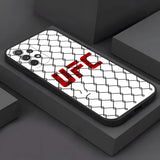 Coque UFC Samsung Galaxy, maillage de cage noir sur fond blanc et sigle UFC rouge