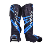 Protège-tibia boxe thaï noir et bleu, coque et cou-de-pied intégré