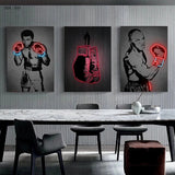 Tableau Mohamed Ali noir et blanc avec gants en effet neon rouge, detail de l'impression