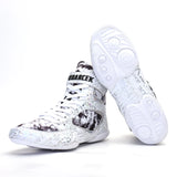 Chaussures de boxe blanches à imprimé marbré, semelle à disques