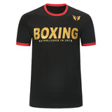 T-shirt boxe BOXING doré vu de face, marquage Established in 2018 et emblème doré
