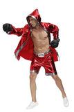Ensemble de boxeur satin rouge, capuche relevée et garde en avant