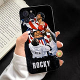 Coque iPhone Rocky Balboa, peinture du boxeur bras levés au drapeau américain, mention ROCKY en bas