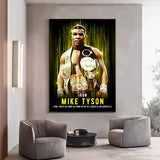 Tableau palmares Mike Tyson, portrait avec ceintures sur rayons dores, affiche dans un salon