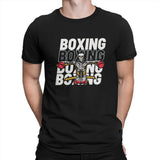 T-shirt boxe noir porté, squelette de boxeur aux gants rouges et lettrage BOXING répété