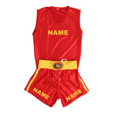 Tenue de boxe anglaise rouge en satin, débardeur et short à ceinture jaune