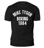 T-shirt Mike Tyson Boxing 1984 noir, marquage blanc en capitales condensées