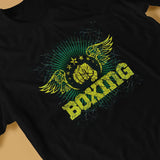 T-shirt boxe noir à plat, emblème poing ailé craquelé et cinq étoiles