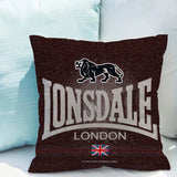 Housse de coussin Lonsdale bordeaux chiné, lion noir et Union Jack sous le lettrage