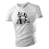 T-shirt boxeur blanc, scène de combat sur le ring dessinée en noir