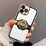 Coque UFC iPhone, ceinture de champion à plaque octogonale dorée sur cuir noir, cerclage photo doré